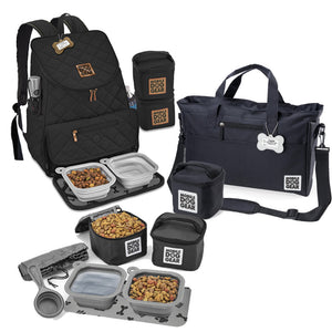 Bundle: ODG Day Away Tote Bag TM (Black), ODG Dine Away Set (Small Dogs) (Black) and ODG Weekender Backpack TM (Black).