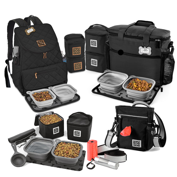 Bundle: ODG Day/Night Walking Bag (Black), ODG Rolling Week Away Bag TM, ODG Dine Away Set TM (Med/Lg Dogs) (Black) and ODG Weekender Backpack TM (Black).