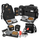 Bundle: ODG Day/Night Walking Bag (Black), ODG Rolling Week Away Bag TM, ODG Dine Away Set TM (Med/Lg Dogs) (Black) and ODG Weekender Backpack TM (Black).