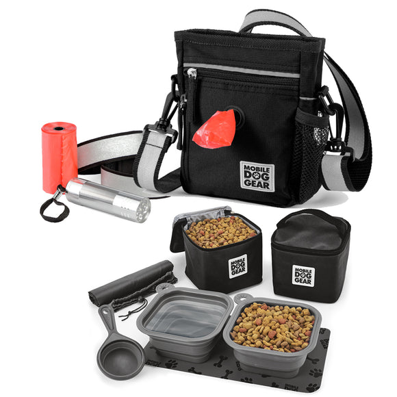 Bundle: ODG Day/Night Walking Bag (Black) and ODG Dine Away Set TM (Med/Lg Dogs) (Black).