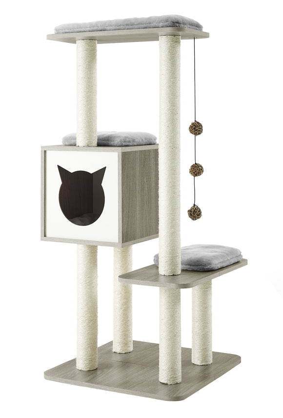 Elegant Wooden Modern Cat Tree Cat Condo Multi-Level Towers Cat Activity Tower with Scratching Posts, with Removable and Washable Mats (High Tower).